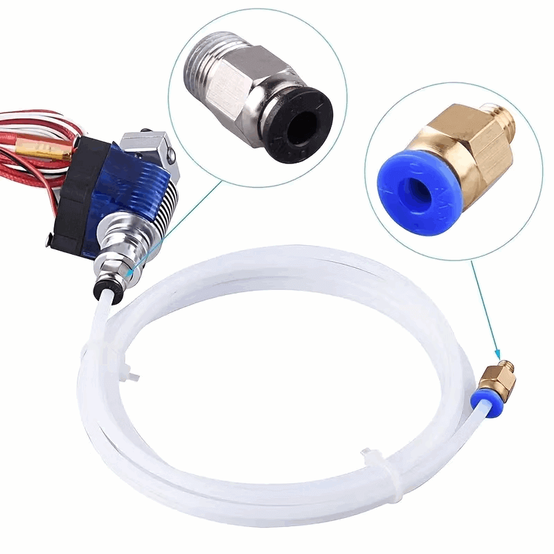 Pneufit rak koppling PC4-M6 & PC4-M10 med blå och svart gängkoppling, flexibel tubing och koppardelar.