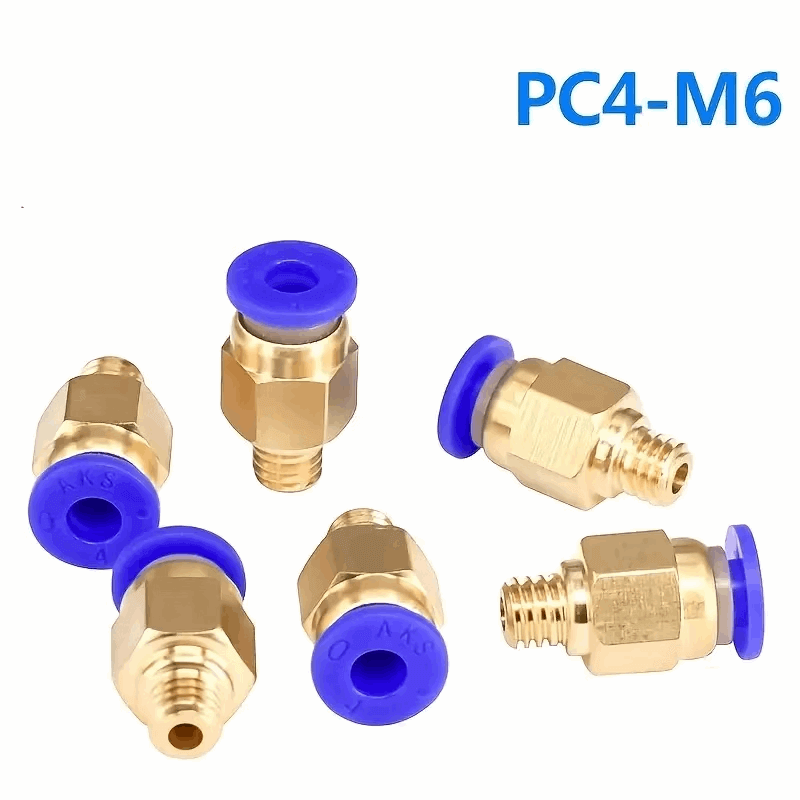 Pneufit rak koppling PC4-M6 set with blue ends and brass bodies for pneumatic connections.